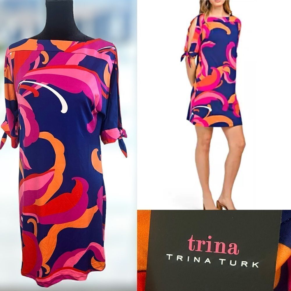 🔥🔥 TRINA TURK Vinet Scrolling Floral Three-quarter Sleeve Dress Size XS